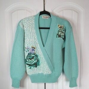 Vtg Hunter's Glen Sweater Women's Small Aqua Cottagecore Boho Knit Embroidered